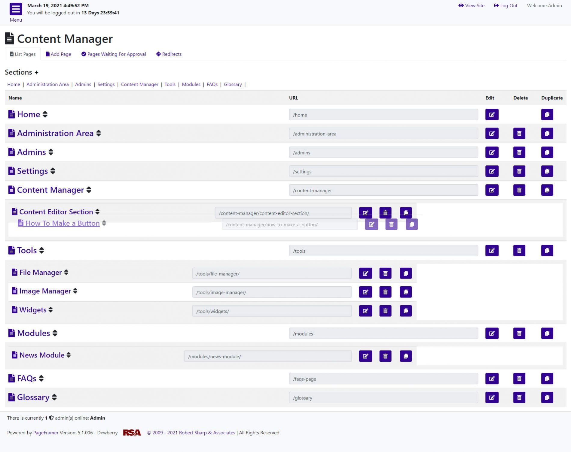 Content Management Screen, showing it is possible to change the order of pages