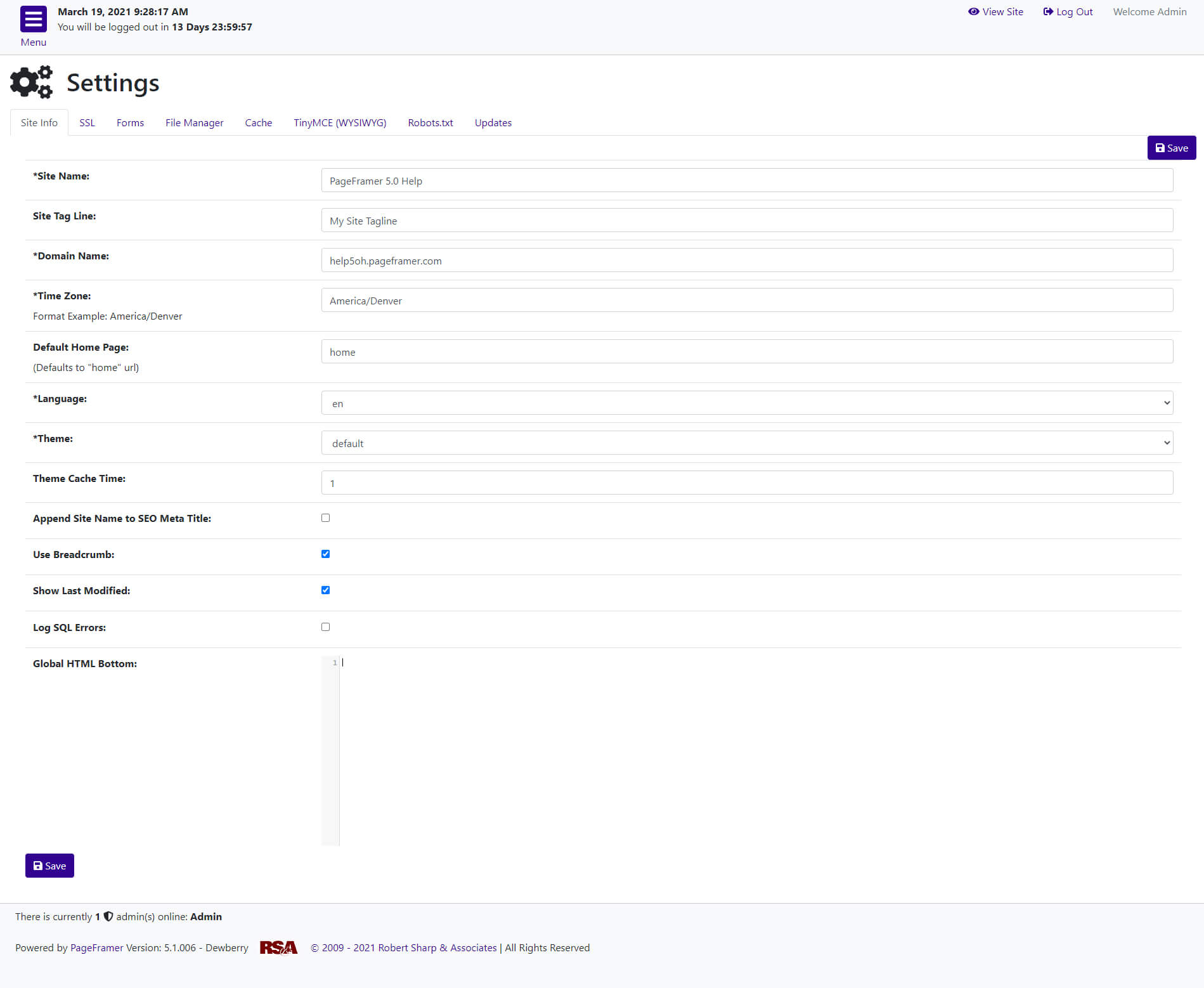 PageFramer Settings Screen